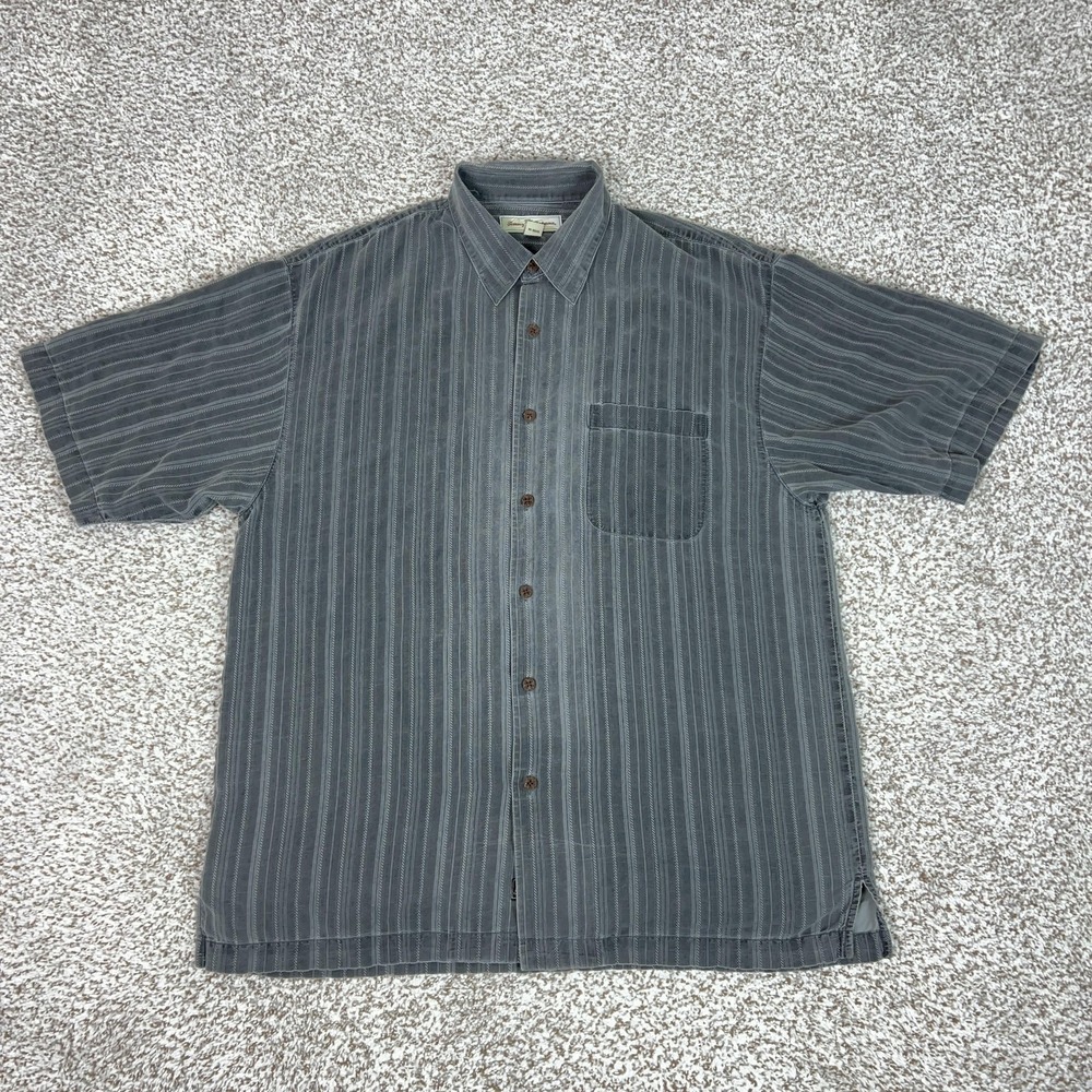 Tommy Bahama Shirt Mens Large Gray Stripe‎ 100% Silk Short Sleeve Beach Casual